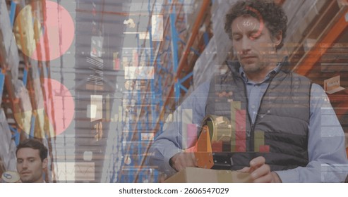 Image of data processing over people working in warehouse. global shipping, delivery and connections concept digitally generated image.