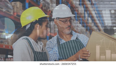 Image of data processing over people working in warehouse. global shipping, delivery and connections concept digitally generated image.