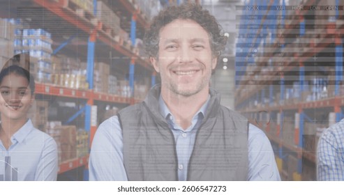 Image of data processing over people working in warehouse. global shipping, delivery and connections concept digitally generated image.