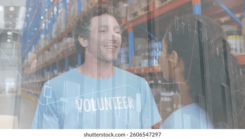Image of data processing over people embracing in warehouse. global shipping, delivery and connections concept digitally generated image.