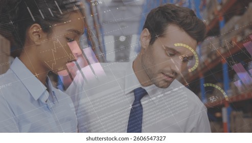 Image of data processing over people working in warehouse. global shipping, delivery and connections concept digitally generated image.
