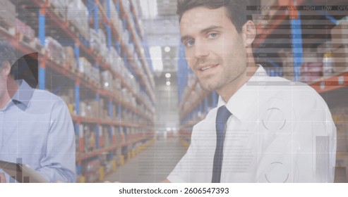 Image of data processing over people working in warehouse. global shipping, delivery and connections concept digitally generated image.
