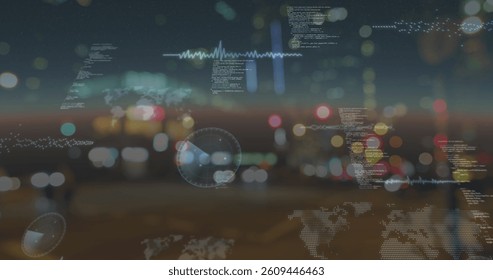 Image of data processing over people and cars on busy street. global connections, data processing and digital interface concept digitally.