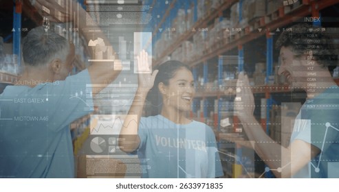 Image of data processing over people keywords and data warehouse. Global shipping and connections concept digitally generated image.