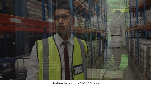 Image of data processing over people working in warehouse. Global shipping delivery and connections concept digitally generated image. - Powered by Shutterstock - Get 15% off with code: PIKWIZARD15