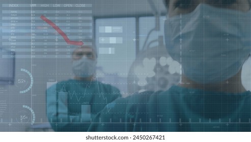 Image of data processing over portrait of male and female surgeon in operation theatre. Medical healthcare and technology concept