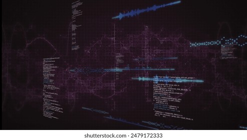 Image of data processing over purple digital wave against purple background. Computer interface and business technology concept