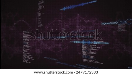 Image of data processing over purple digital wave against purple background. Computer interface and business technology concept
