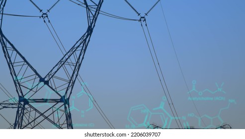 Image of data processing over pylons. Global business and digital interface concept digitally generated image.
