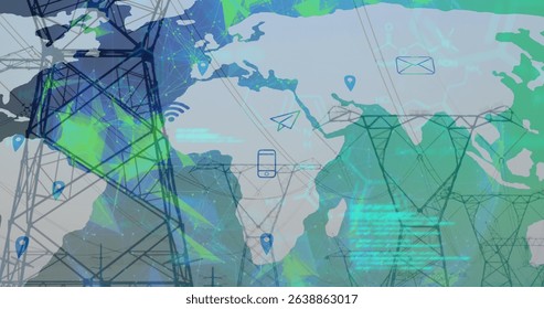 Image of data processing over pylons and world map. Global business and digital interface concept digitally generated image