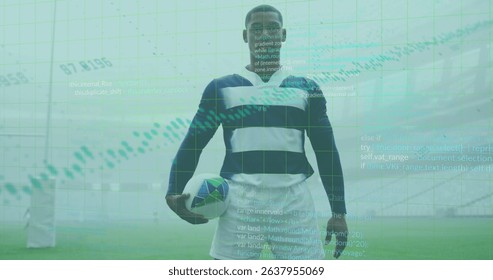 Image of data processing over rugby players. Global finance business and digital interface concept digitally generated image.