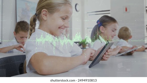 Image of data processing over over schoolchildren using phone for mathematical equations. global education digital interface technology and networking concept digitally generated image. - Powered by Shutterstock - Get 15% off with code: PIKWIZARD15