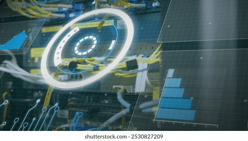 Image of data processing over scope scanning and cables of computer server. global connections, data processing and computing concept digitally generated image.