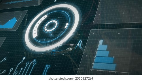 Image of data processing over scope scanning and cables of computer server. global connections, data processing and computing concept digitally generated image.