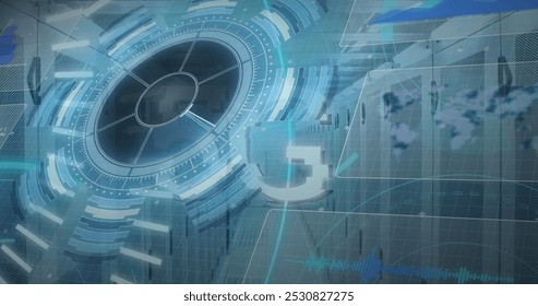 Image of data processing over scope scanning and computer servers. global connections, data processing and computing concept digitally generated image.