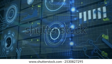 Image of data processing over scopes scanning with cables of computer server. global connections, data processing and computing concept digitally generated image.