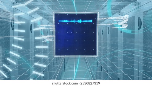 Image of data processing over screen and computer servers. global connections, data processing and computing concept digitally generated image.