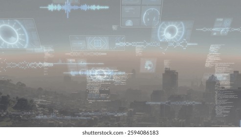 Image of data processing over screen and cityscape. Global finance, business, connections, computing and data processing concept digitally generated image.