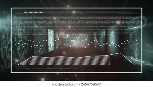 Image of data processing over screens on dark background. Global science, connections, computing and data processing concept digitally generated image.