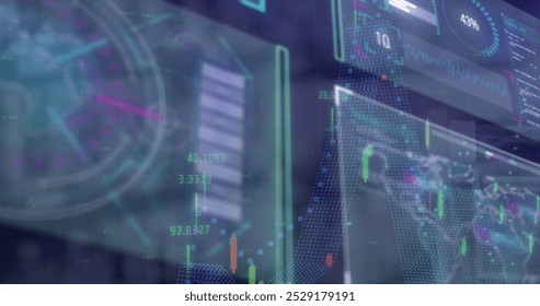 Image of data processing over screens. global connections, digital interface and data processing concept digitally generated image.