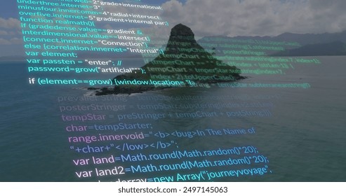 Image of data processing over seascape. Global connections, computing and data processing concept digitally generated image.