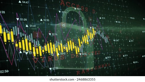 Image of data processing over security padlock icon against green background. Cyber security and business data technology concept