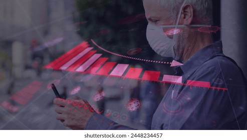 Image of data processing over senior man wearing face mask. global covid 19 pandemic and vaccination concept digitally generated image.