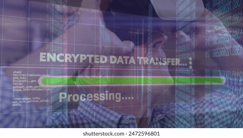 Image of data processing over senior caucasian man using vr headset. Global technology, computing and digital interface concept digitally generated image.