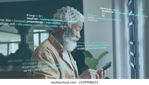 Image of data processing over senior african american businessman using smartphone. Business, communication, technology, computing and digital interface concept digitally generated image.