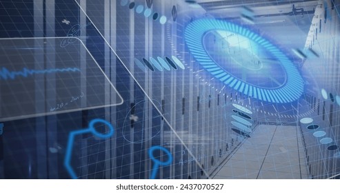 Image of data processing over server room. Global business and digital interface concept digitally generated image.