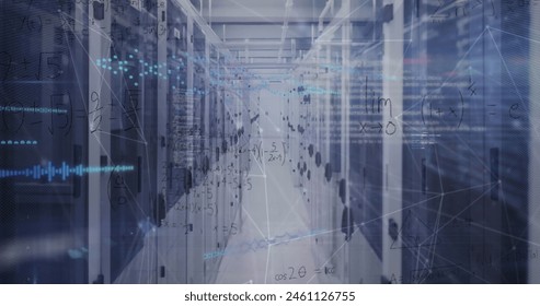 Image of data processing over server room. Global business and digital interface concept digitally generated image.