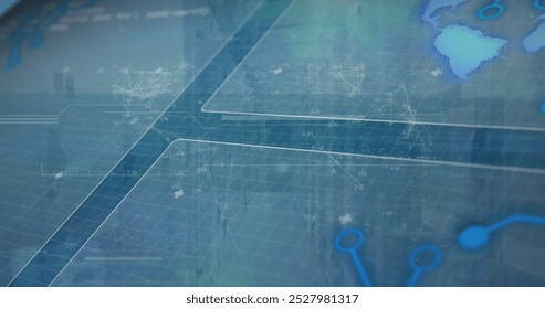 Image of data processing over server room. Global business and digital interface concept digitally generated image.