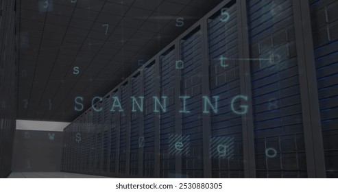Image of data processing over server room. Global connections, data processing and digital interface concept digitally generated image.
