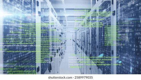 Image of data processing over server room. Global technology and digital interface concept digitally generated image.