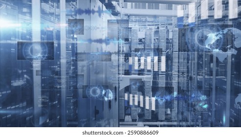 Image of data processing over server room. Global technology, computing, communication and digital interface concept digitally generated image.