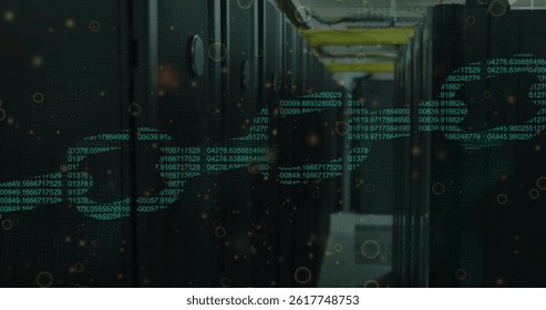 Image of data processing over server room. global technology and digital interface concept digitally generated image.