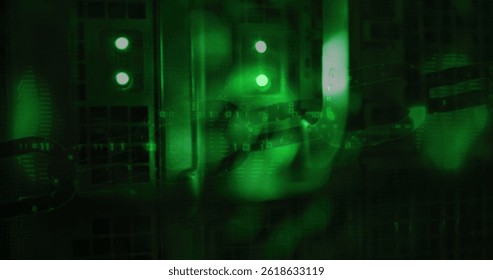 Image of data processing over server room. global technology and digital interface concept digitally generated image.