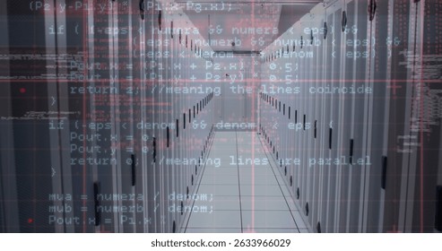 Image of data processing over server room. Computers, data processing and digital safety concept digitally generated image.