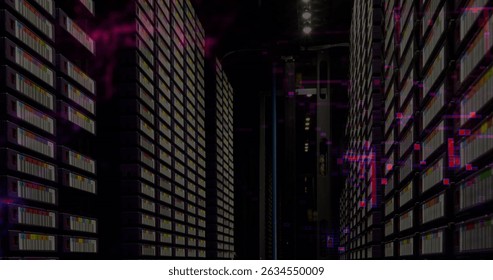 Image of data processing over server room. Global technology and digital interface concept digitally generated image.