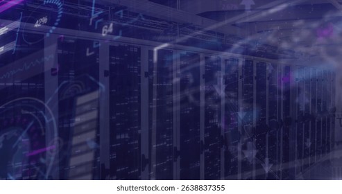 Image of data processing over server room. Global technology, computing and digital interface concept digitally generated image. - Powered by Shutterstock - Get 15% off with code: PIKWIZARD15