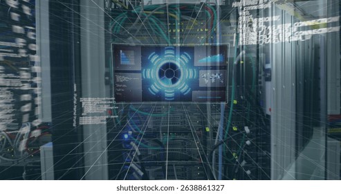 Image of data processing over server room. Global technology, computing and digital interface concept digitally generated image. - Powered by Shutterstock - Get 15% off with code: PIKWIZARD15