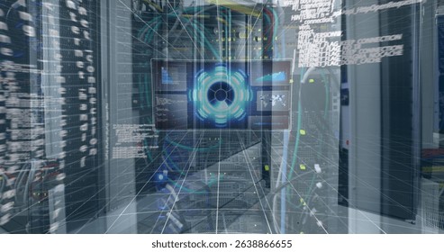 Image of data processing over server room. Global technology, computing and digital interface concept digitally generated image. - Powered by Shutterstock - Get 15% off with code: PIKWIZARD15