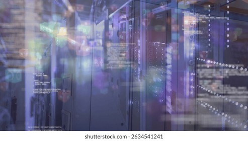 Image of data processing over servers. Network, connections, communication, data processing and technology concept digitally generated image.