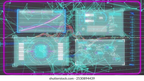 Image of data processing over shapes. Global business and digital interface concept digitally generated image.