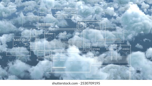 Image of data processing over sky with clouds. Global finances, computing and digital interface concept digitally generated image.