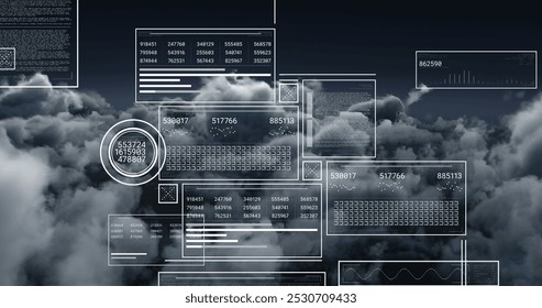 Image of data processing over sky with clouds. Global finances, computing and digital interface concept digitally generated image.