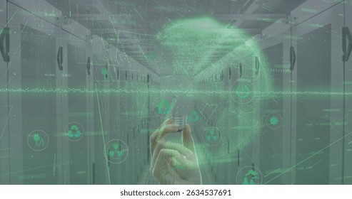 Image of data processing over smartphone caucasian woman in server room. Global business data processing and digital interface concept digitally generated image.