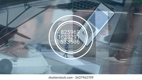 Image of data processing over smartphone with qr code and airport. Global business and digital interface concept digitally generated image.