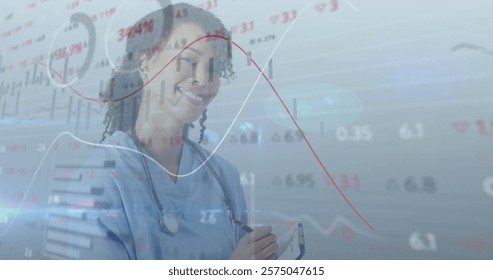 Image of data processing over smiling biracial female doctor. Global medicine, connections, computing and data processing concept digitally generated image.