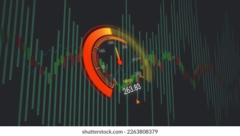 Image of data processing over speedometer. Global business and digital interface concept digitally generated image.